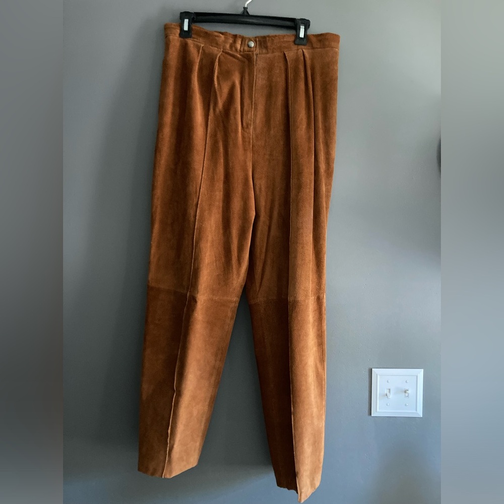 Vintage Suede Leather Pleated Wide Leg Trouser Pants Size Large